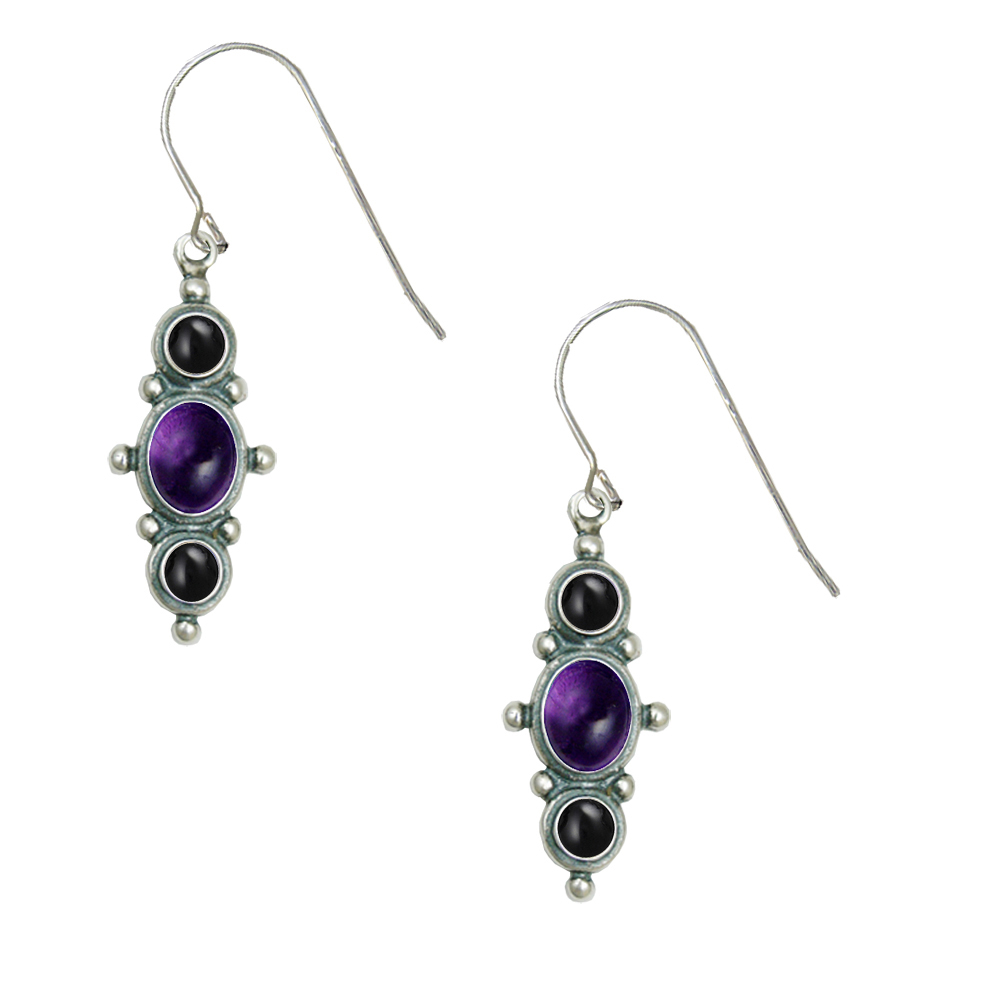 Sterling Silver Drop Dangle Earrings With Amethyst And Black Onyx